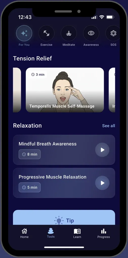 The JawSense app’s release tools — guided relaxation and self-massage