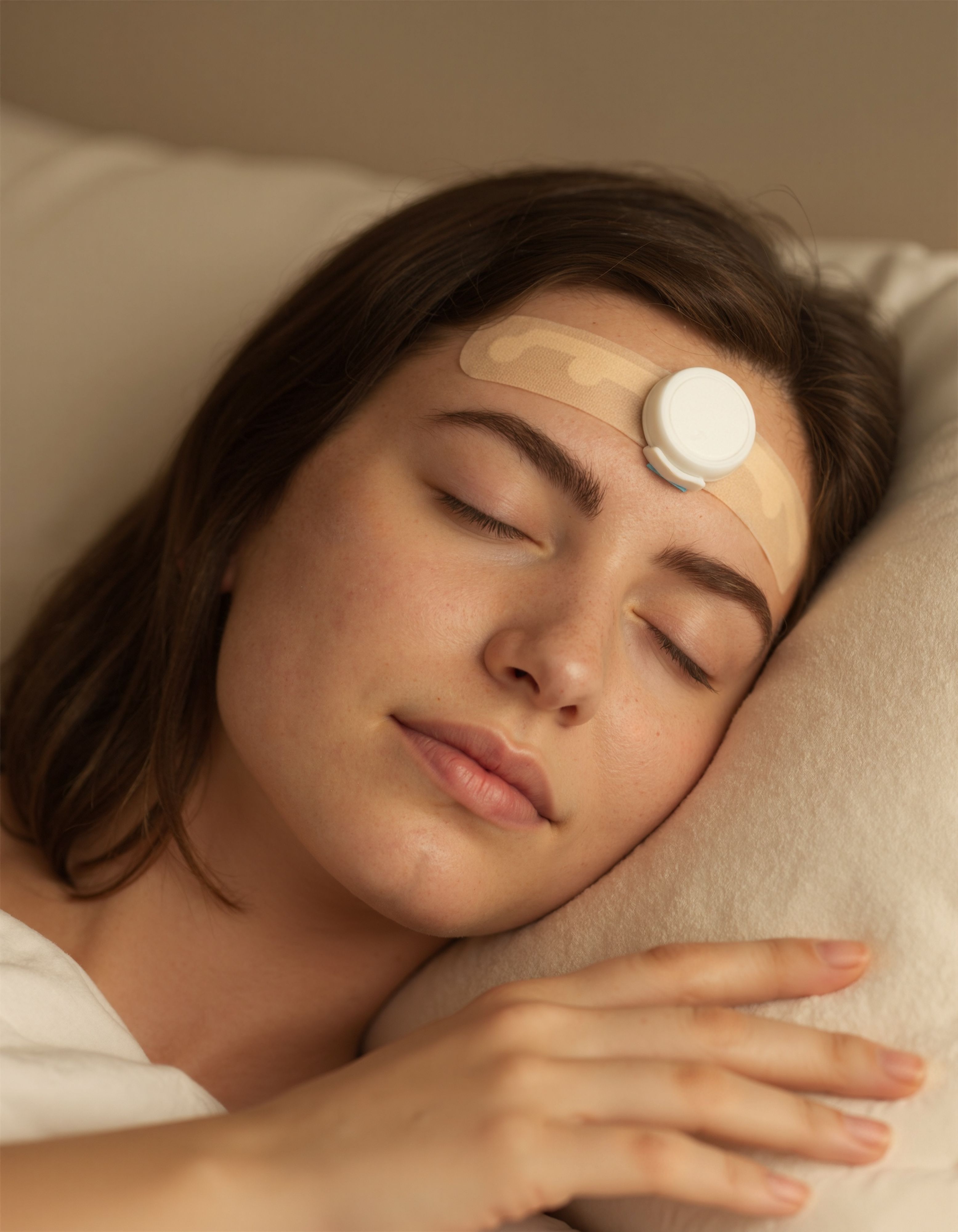 Woman sleeping peacefully with JawSense sleep bruxism device