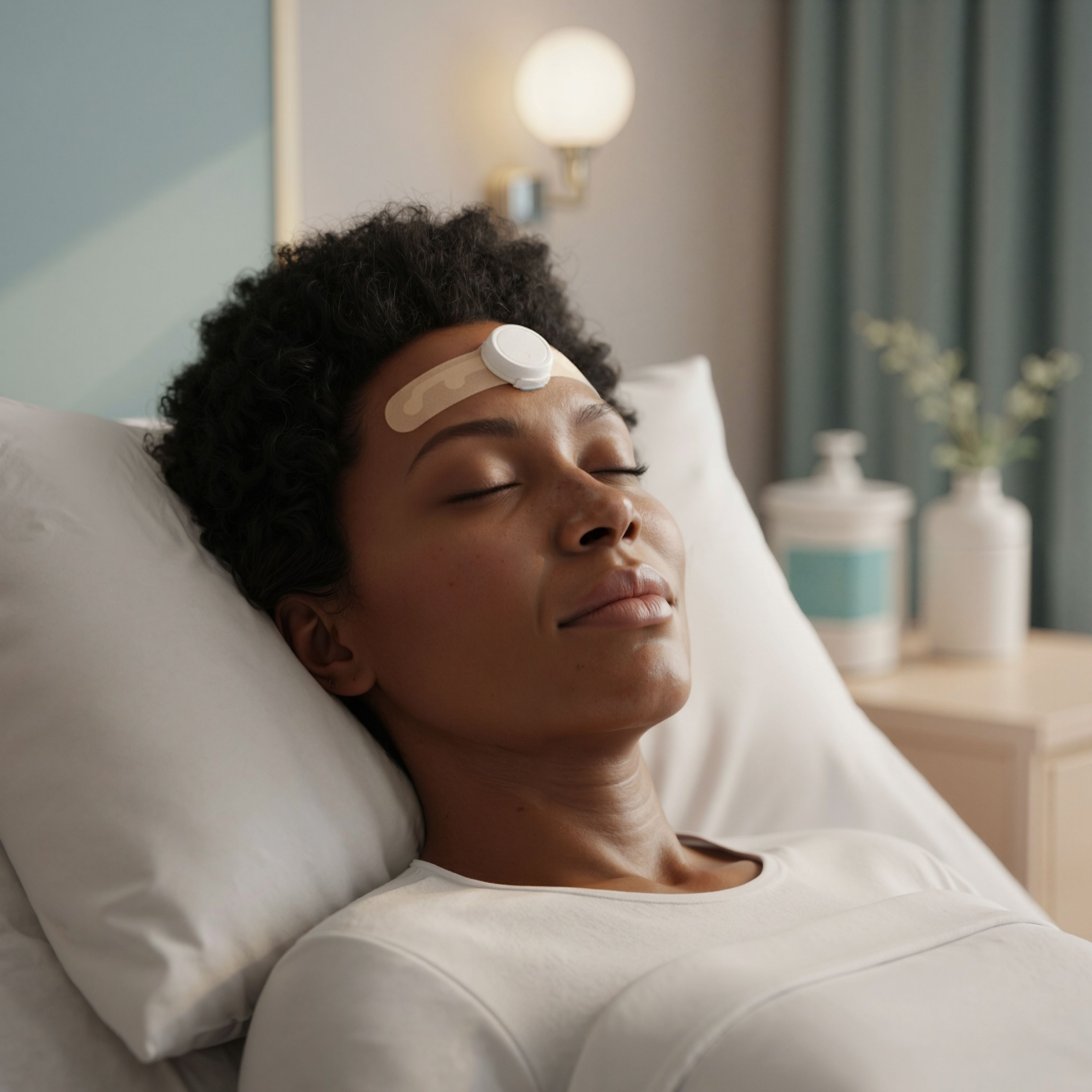 Woman using JawSense bruxism monitoring device at home