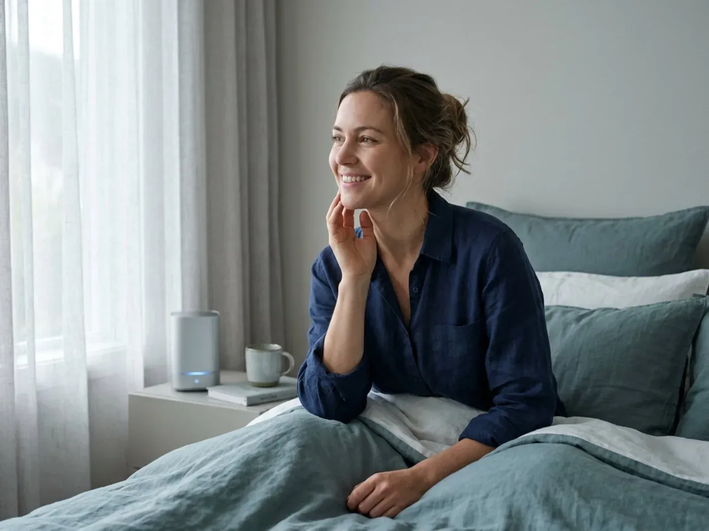 A woman waking up and checking her night in the app